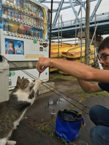 20160716江戸川放水路　釣り人は猫と交流