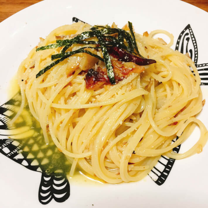 釣った丸アジの干物と柚子胡椒で和洋折衷パスタ